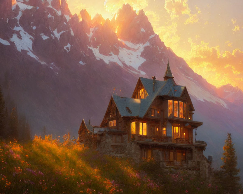 Mountain chalet at sunset with alpenglow and wildflowers