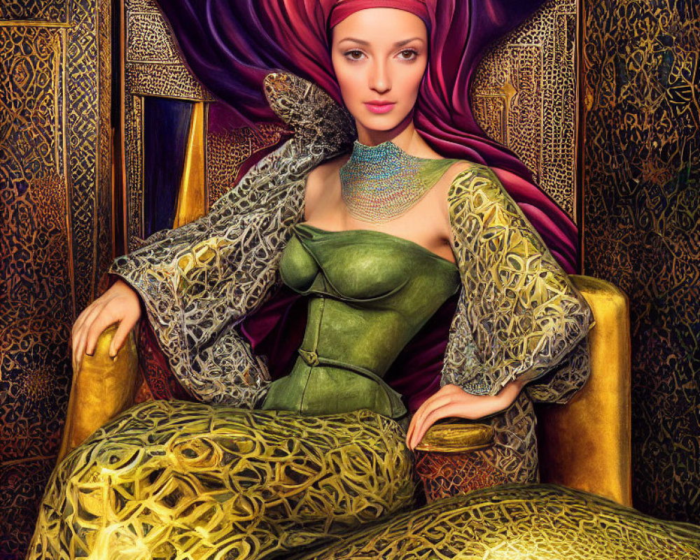 Regal woman in green corseted dress on throne with gold sleeves and red headpiece