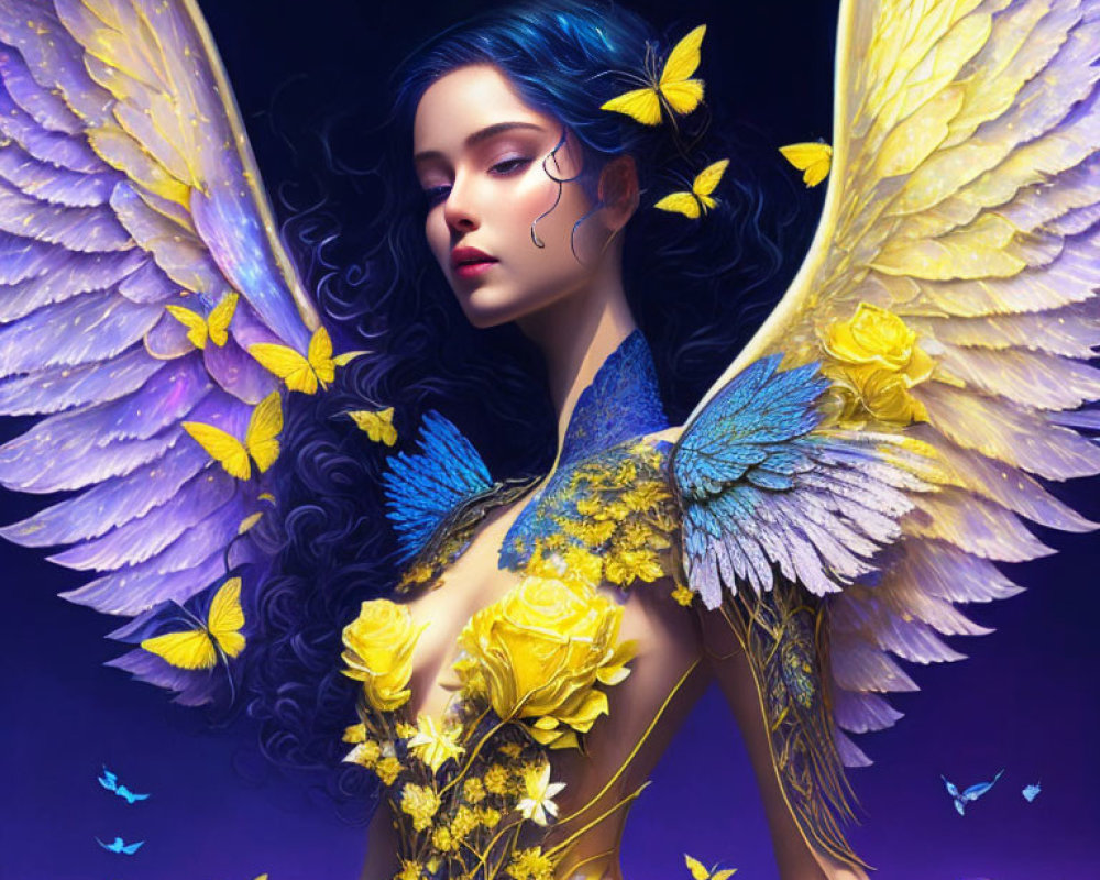 Fantastical woman with bird wings, blue hair, butterflies, roses on purple background