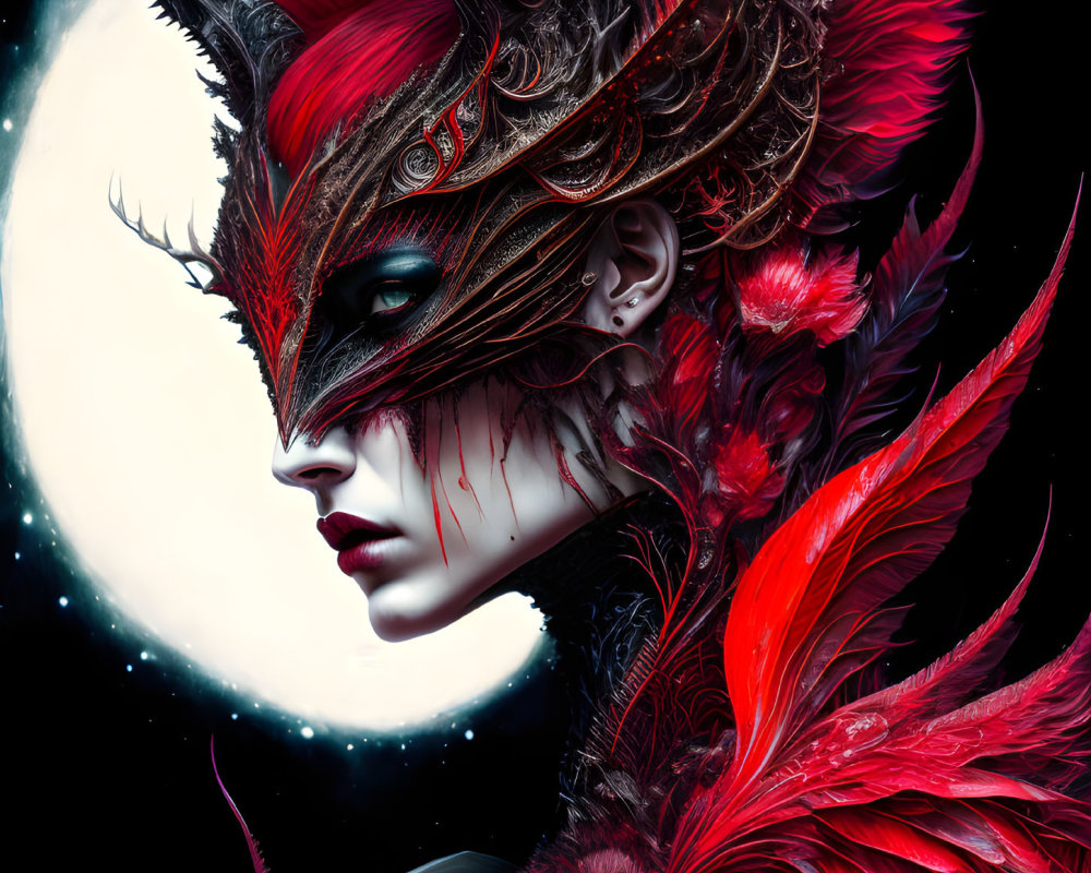Person in red and black feathered attire with mask headdress under full moon.