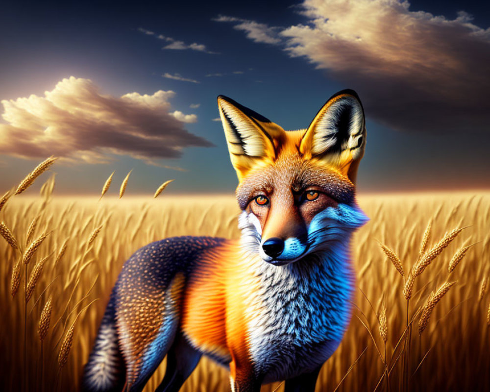 Fox in Golden Wheat Field at Sunset Illustration