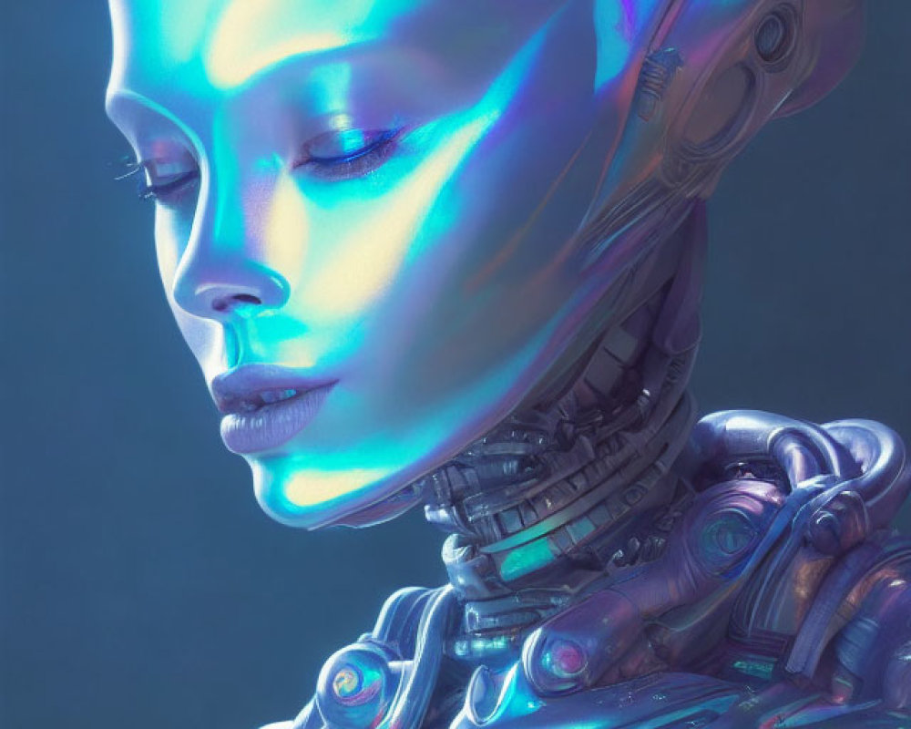 Futuristic humanoid android with blue luminous skin on blue backdrop