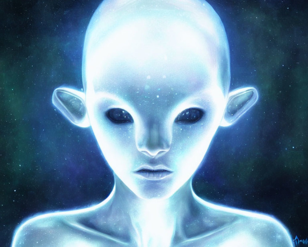 Blue-Toned Alien with Large Eyes and Cosmic Background