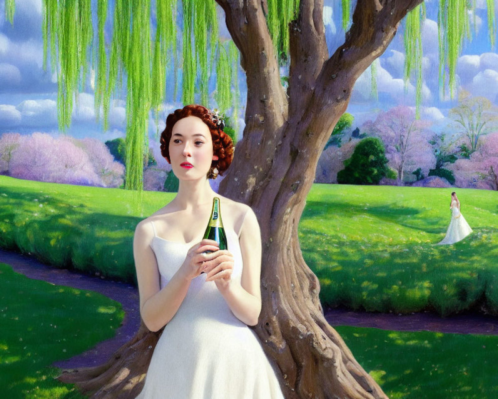 Woman in white dress under willow tree in vibrant garden with champagne bottle