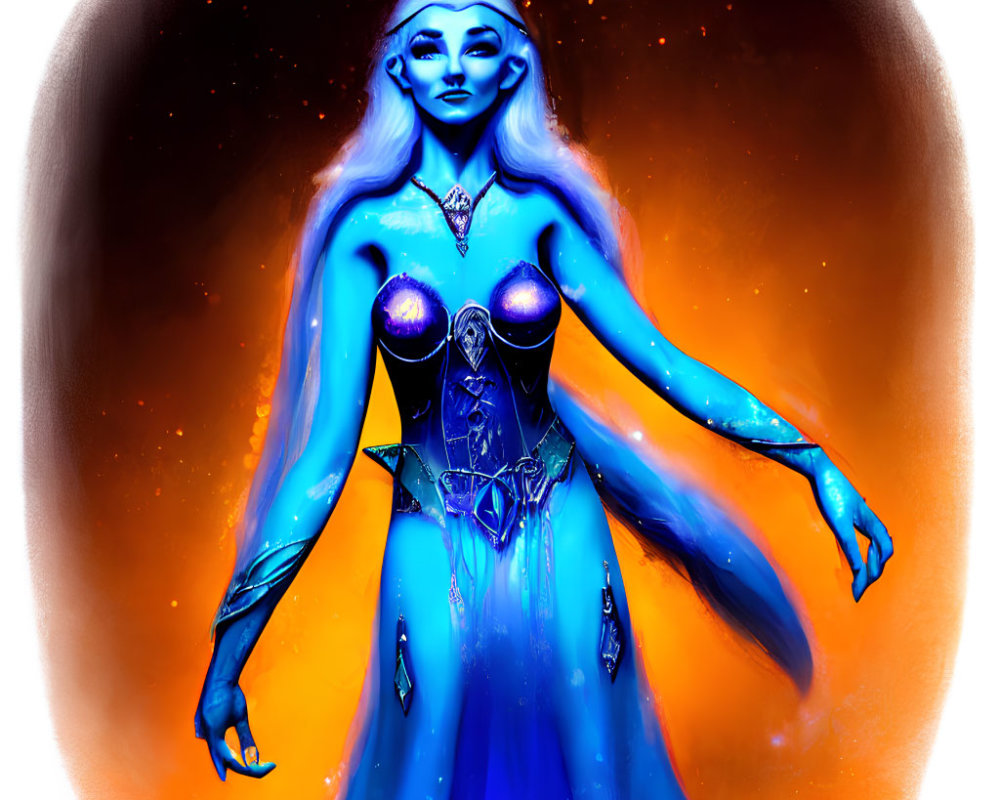 Fantasy Art: Blue-Skinned Woman in Elaborate Attire on Fiery Background