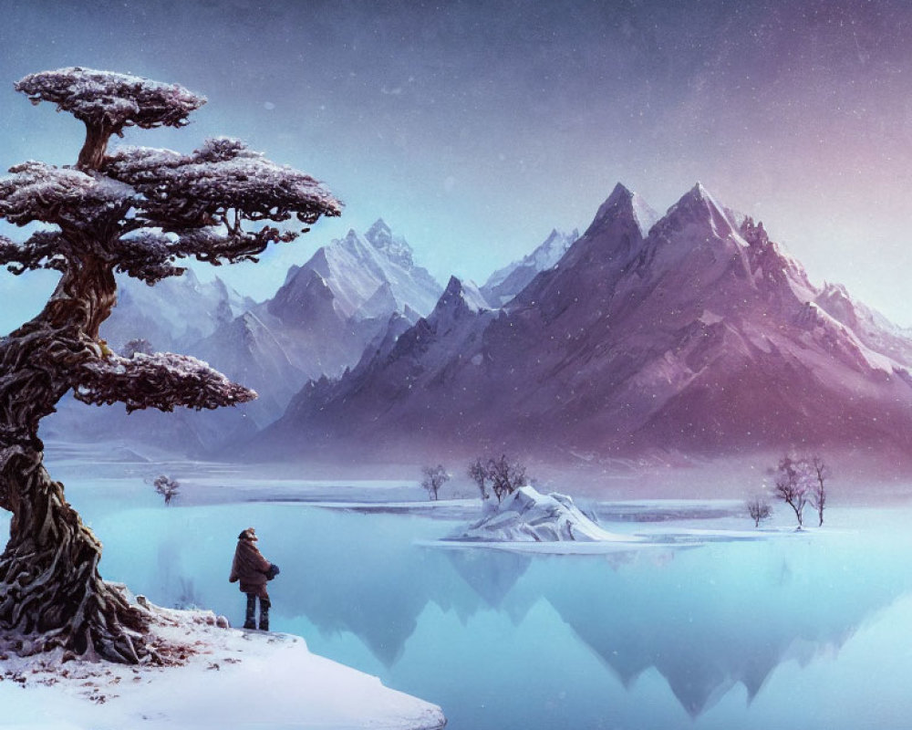 Person by serene icy lake with snow-covered mountains and ancient tree