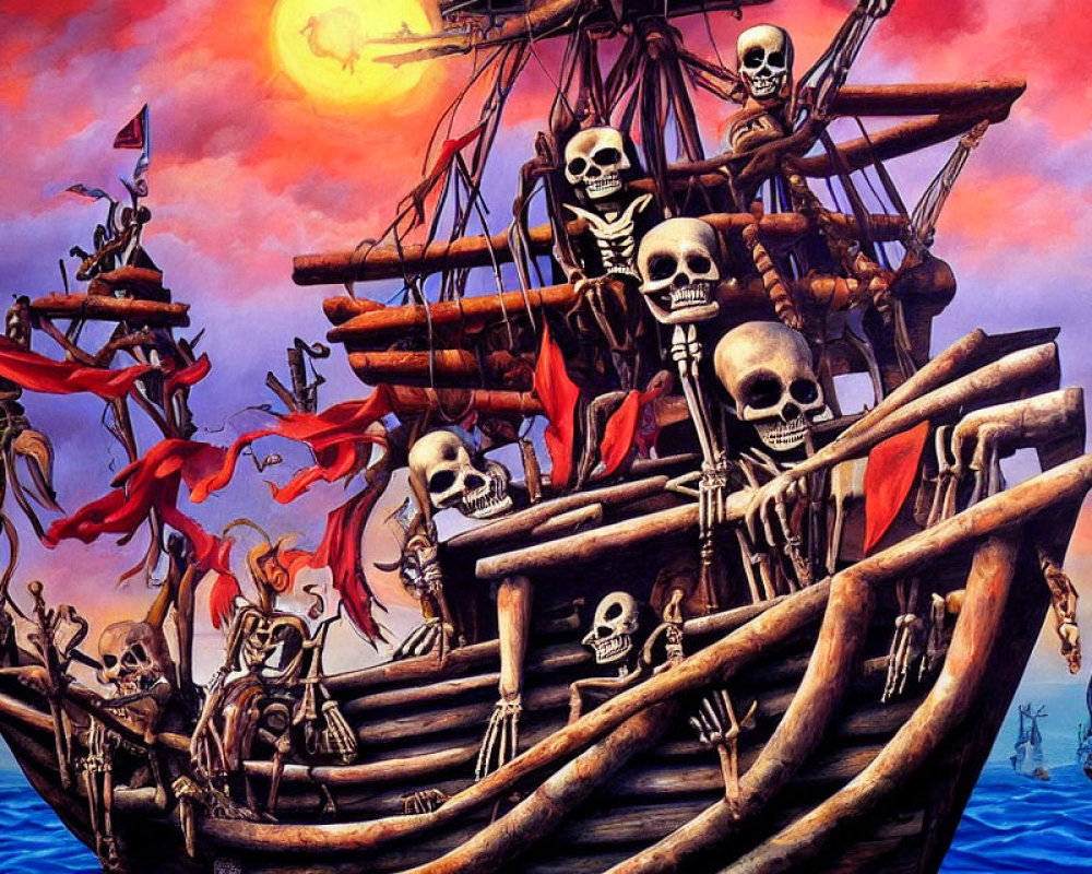 Skeleton Crew on Pirate Ship under Fiery Sunset Sky: Haunted Maritime Theme
