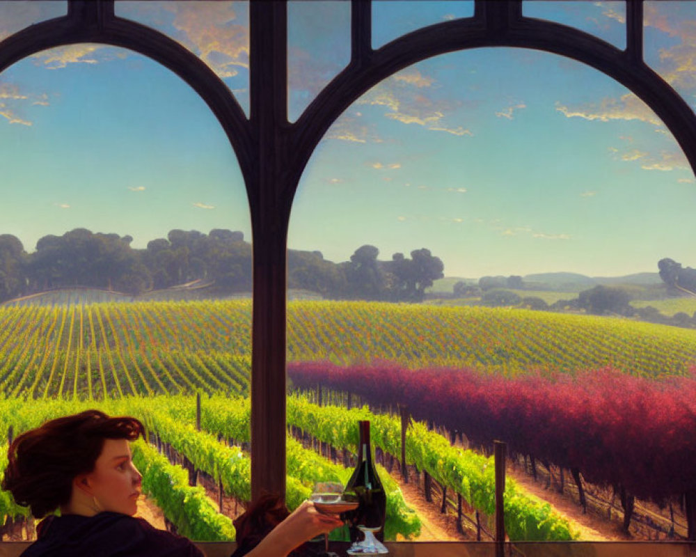 Person sitting by arched window overlooking lush vineyard landscape