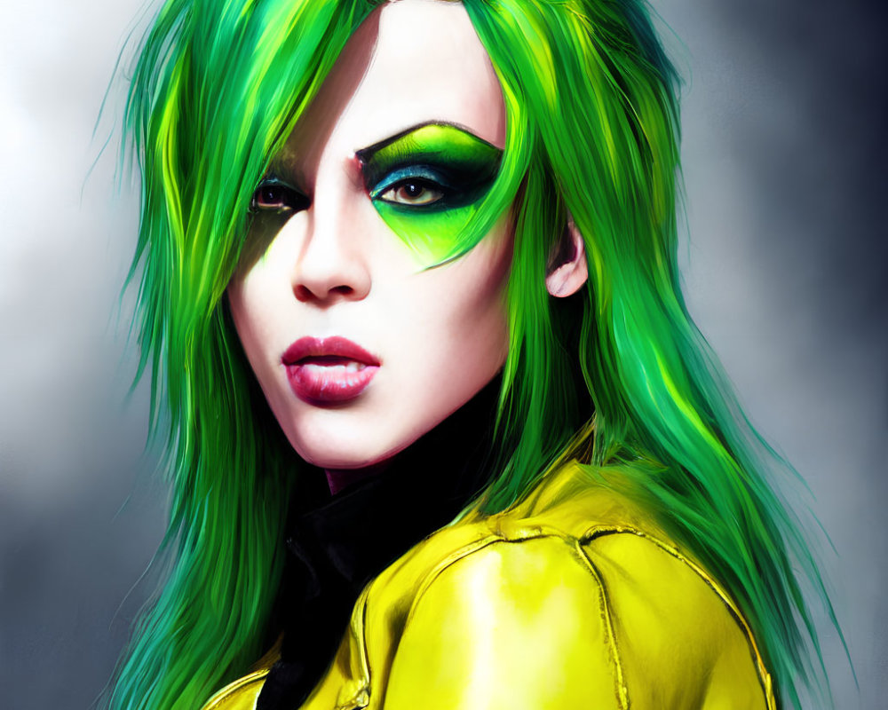 Colorful Portrait Featuring Green Hair, Green Eye Makeup, and Yellow Jacket