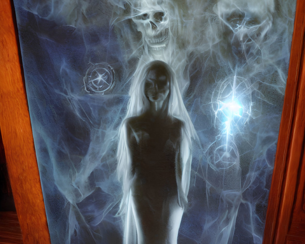 Ghostly figure with glowing eyes and spectral skulls in eerie setting
