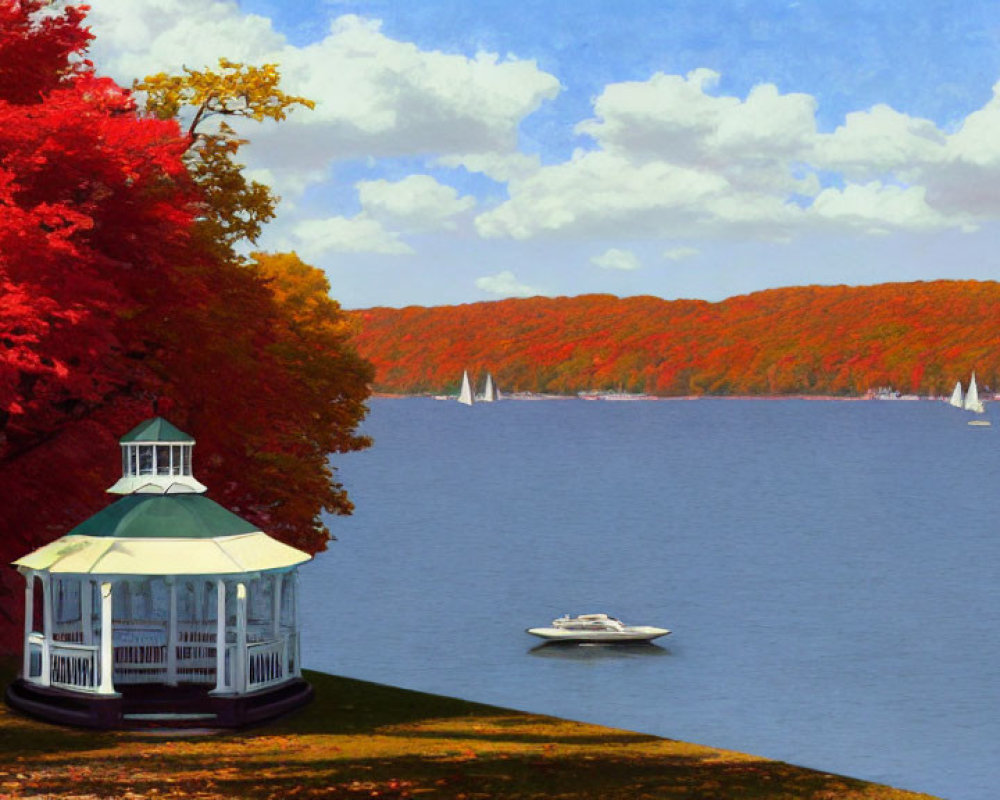 Tranquil Lakeside Scene with Gazebo, Autumn Trees, and Sailboats