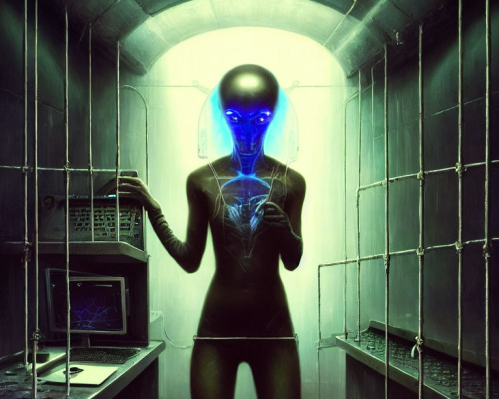 Glowing blue-skinned humanoid alien in futuristic metallic corridor