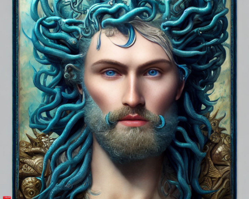 Male Figure with Blue Serpentine Hair and Beard, Intense Blue Eyes, Ornate Golden Details