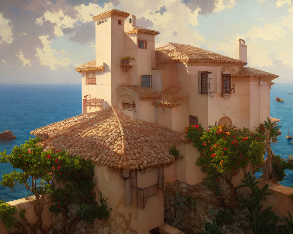 Golden Sunlight Bathes Coastal Villa with Terracotta Roofs