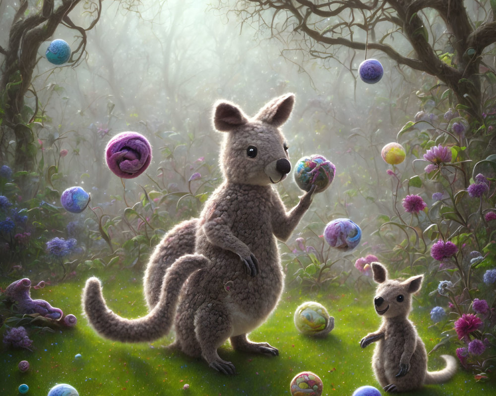 Illustration: Koala and joey in magical forest with colorful yarn balls