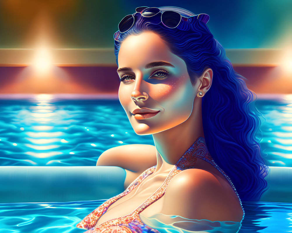Woman with Sunglasses Posing in Glowing Pool at Evening