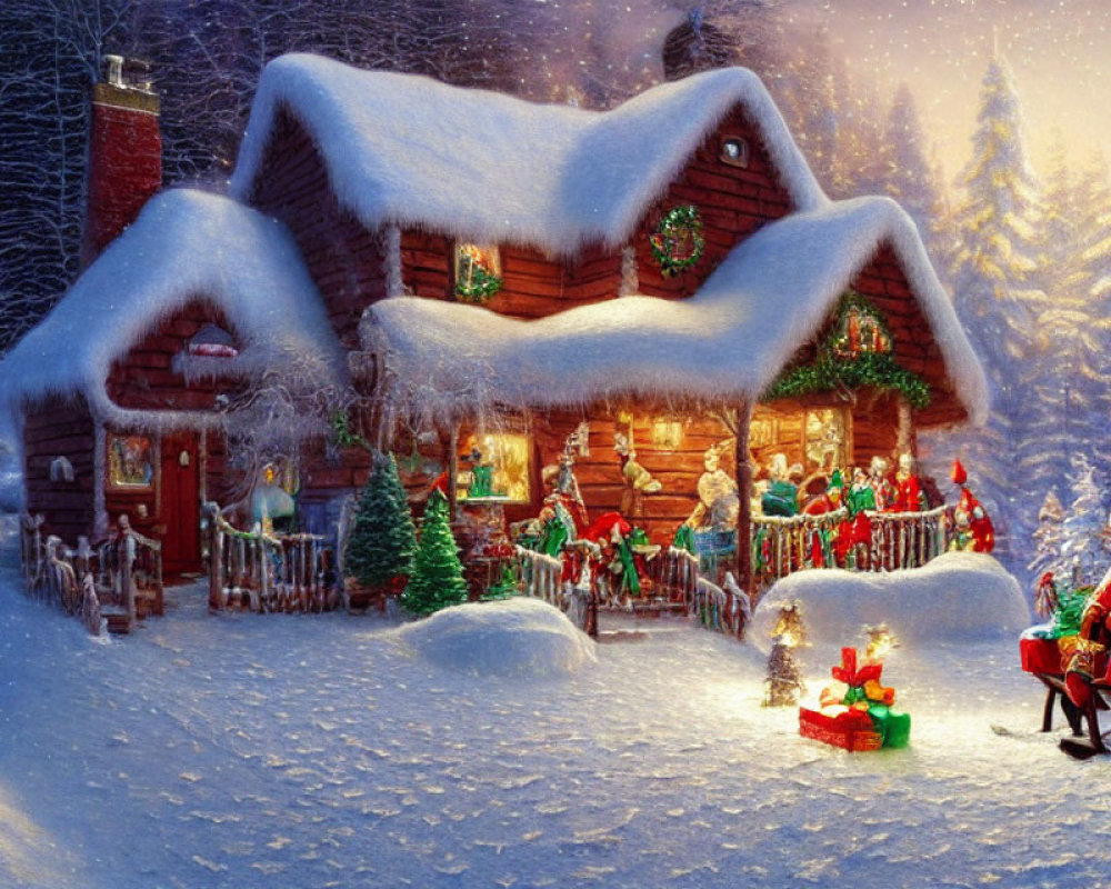 Snow-covered Christmas cottage with festive decorations in winter scene