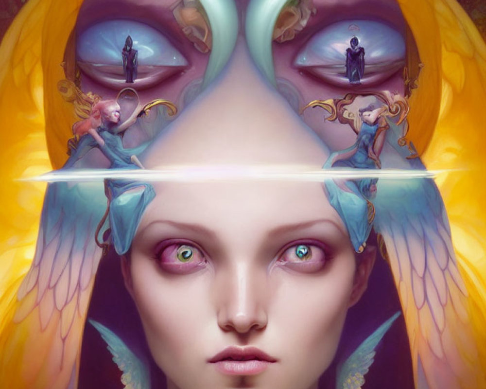 Symmetrical surreal portrait of woman with butterfly wings and vibrant colors