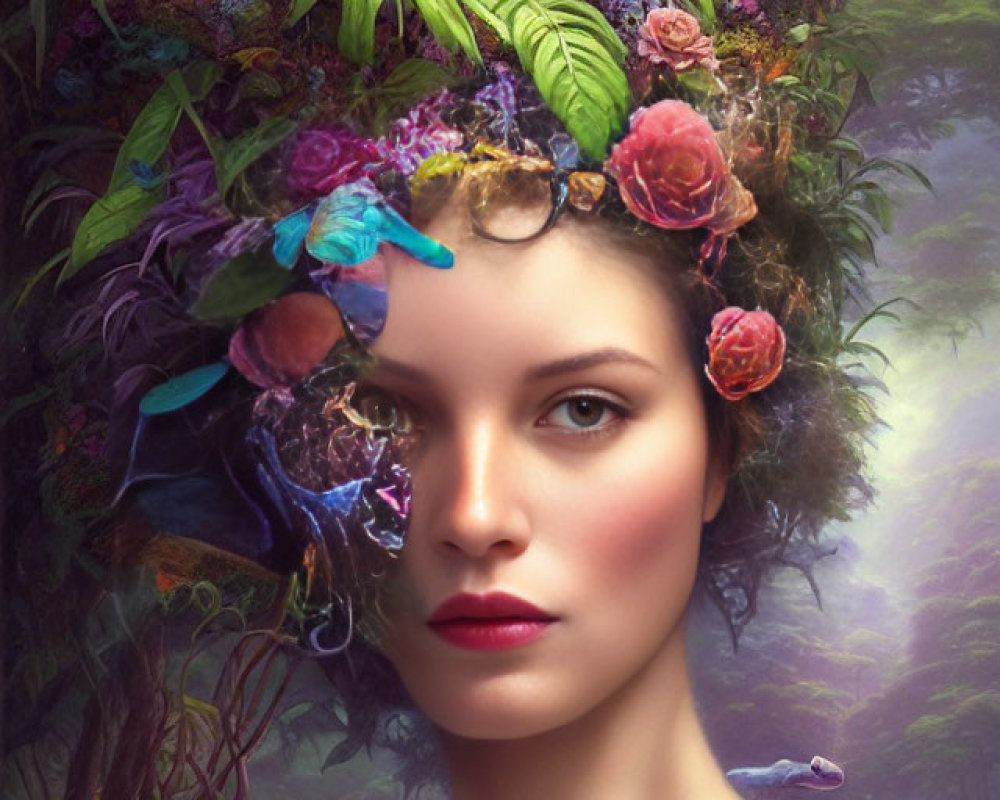 Woman with Floral Crown in Vibrant Forest Scene