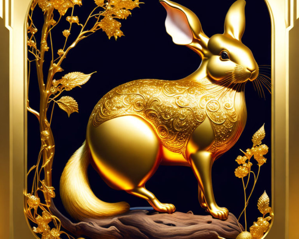 Intricate Golden Rabbit Sculpture with Gilded Flora on Dark Background