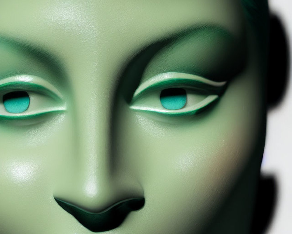 Detailed view of green, glossy mannequin face with prominent cheekbones