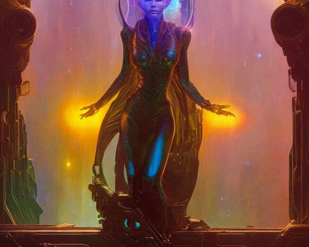 Glowing alien figure in futuristic setting with advanced technology