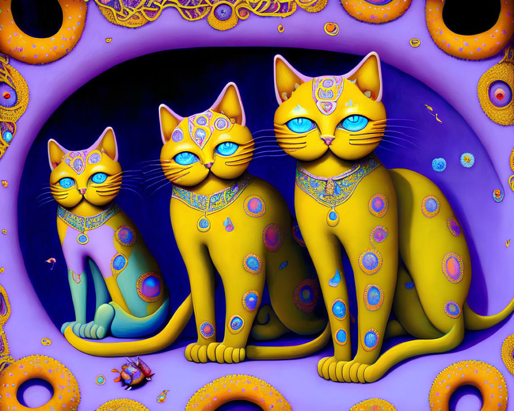 Colorful Stylized Cats on Purple Background with Ornate Patterns