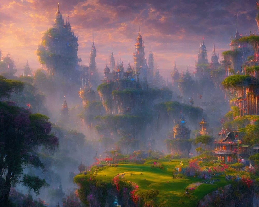 Floating islands, ornate towers, and gardens in golden mist at sunset