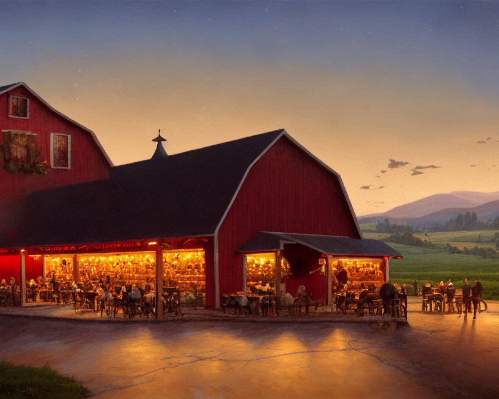 Rustic barn restaurant at dusk with diners enjoying patio and interior.