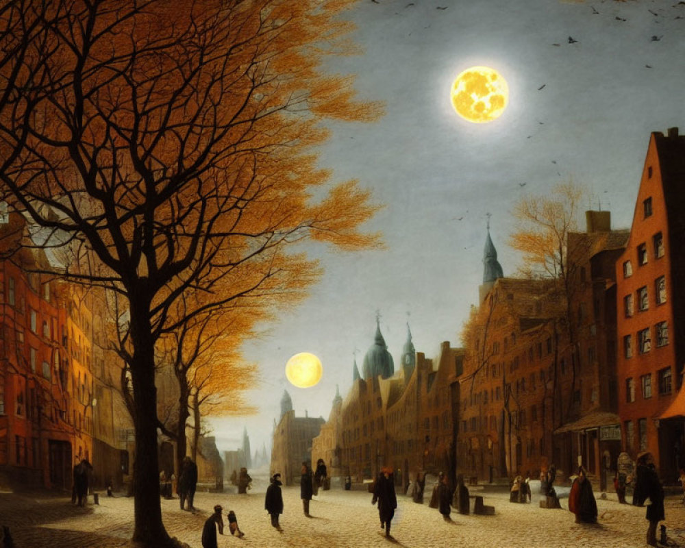 Twilight street scene with warm trees, glowing moon, and strolling people