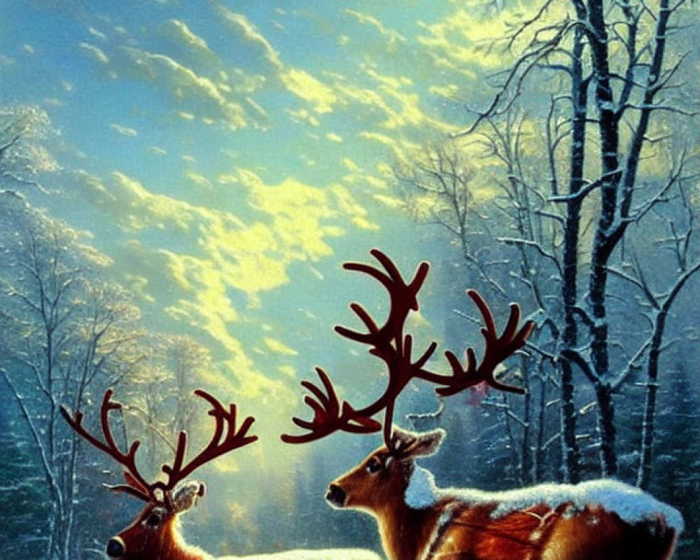 Snowy forest scene with two reindeer and bare trees at sunrise or sunset