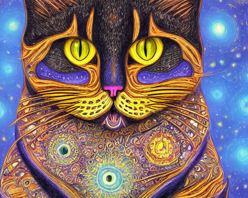 Colorful Psychedelic Cat Illustration with Cosmic Motifs