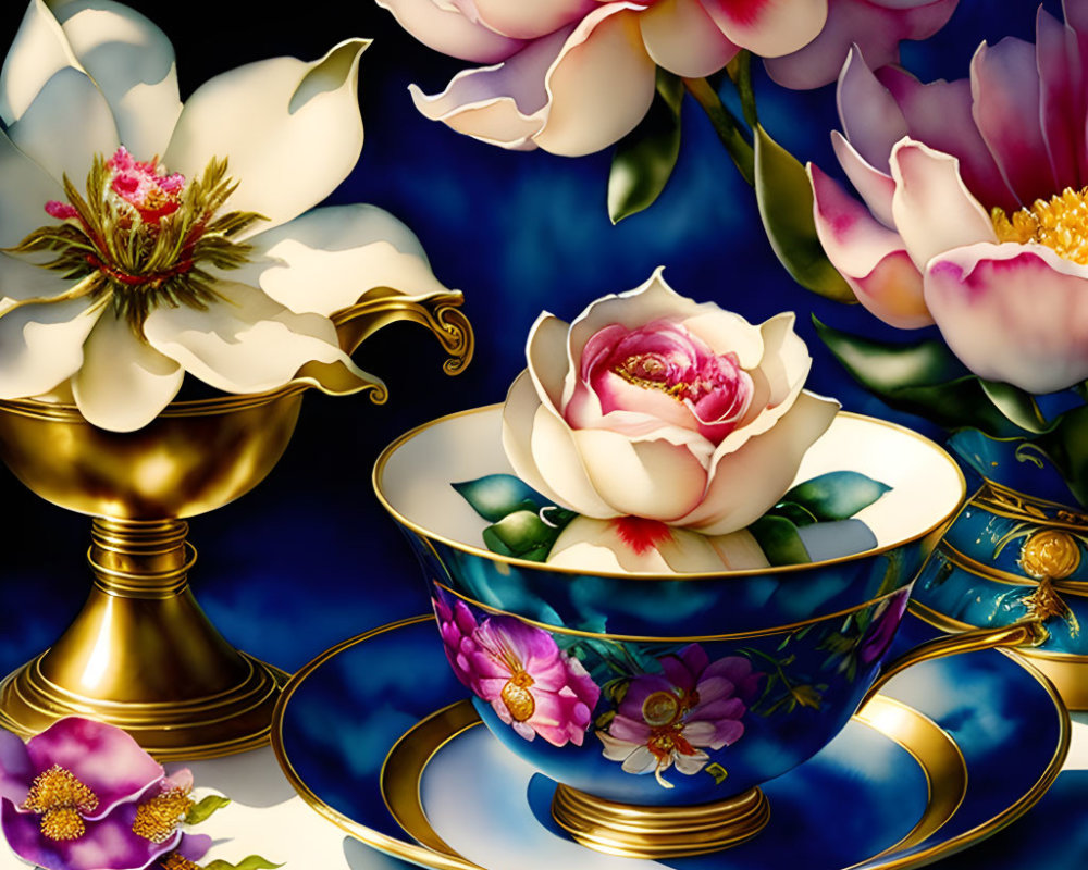 Colorful Teacup Painting with Pink Floral Design and Blooming Flower