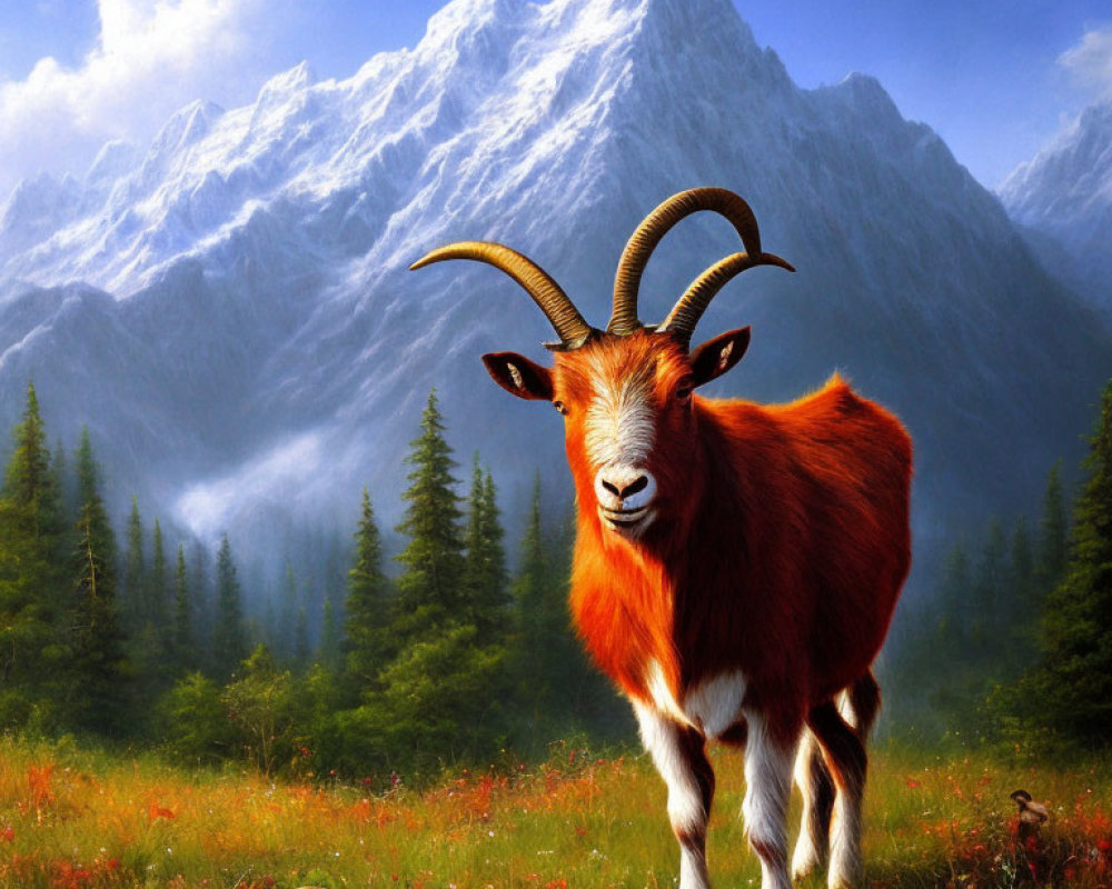 Majestic mountain goat in vibrant alpine meadow with snowy peaks