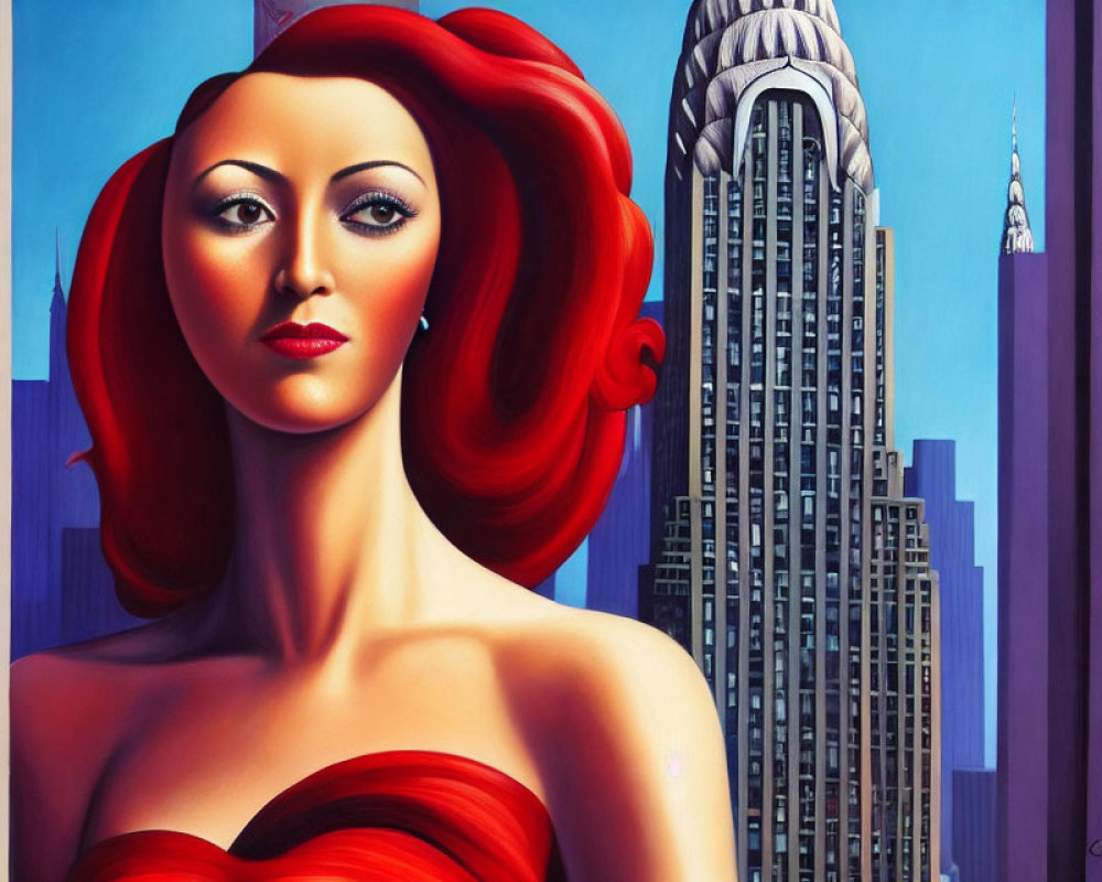 Stylized painting of woman with red hair and dress, Chrysler Building in cityscape