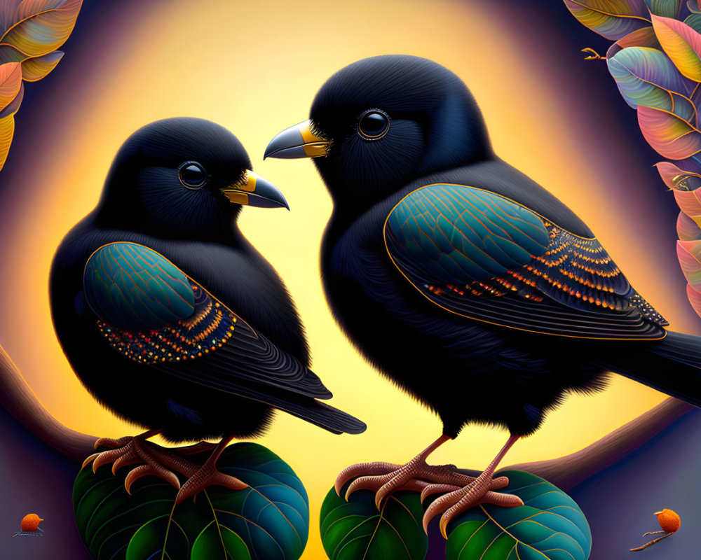 Stylized birds with blue and orange feathers on green foliage against gradient backdrop