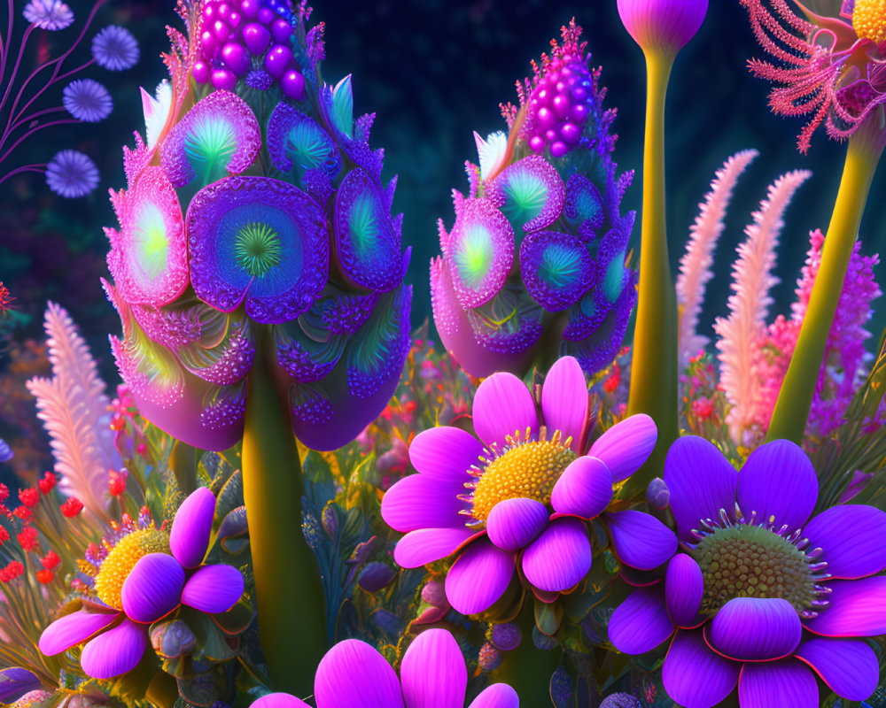 Fantasy Flowers Artwork with Neon Colors & Glowing Details
