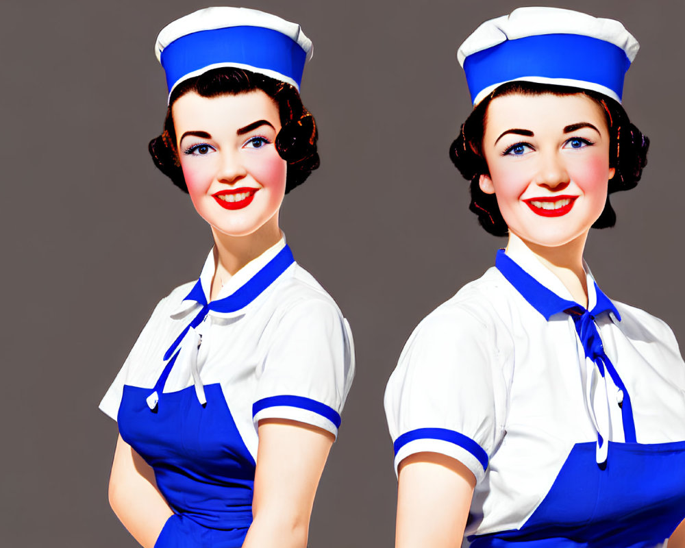 Vintage-style female nurse illustrations in white hats and blue-trimmed uniforms on grey background