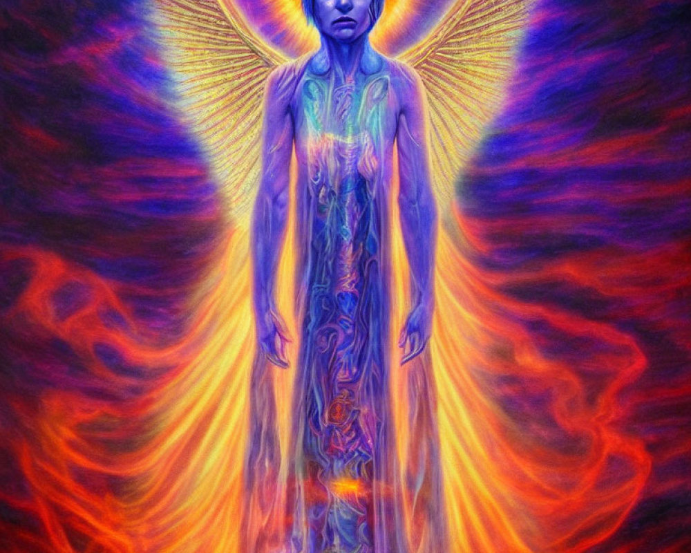 Colorful artwork of blue-faced figure with glowing aura and wings in fiery setting