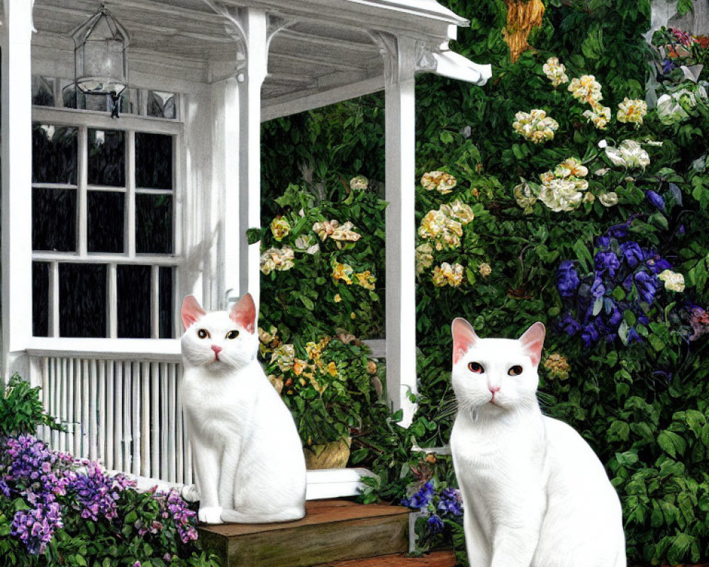 White Cats with Blue and Yellow Eyes on Wooden Porch with Flowers