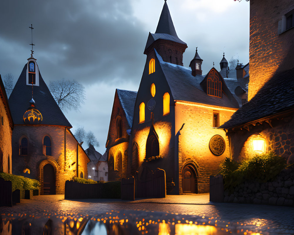 Medieval church and buildings illuminated at dusk on cobblestone pathway