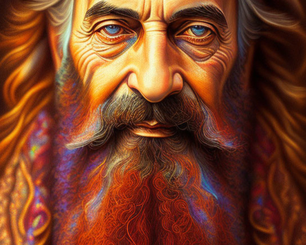 Colorful digital portrait of elderly man with flowing beard and mystical aura