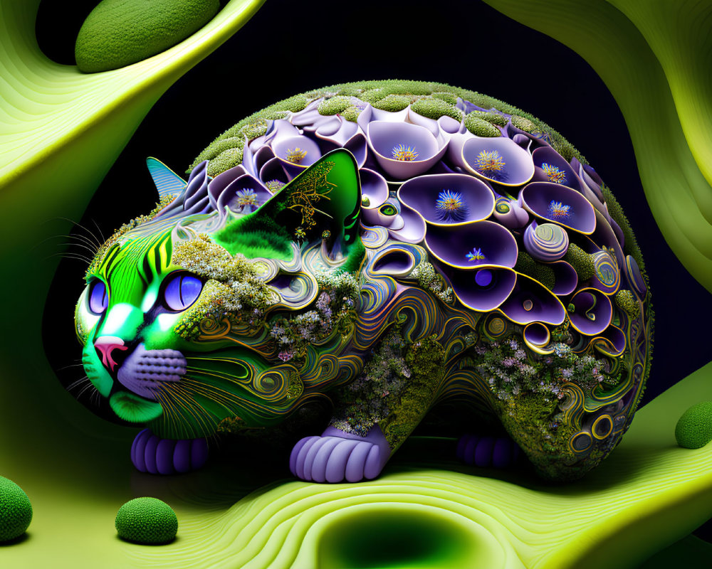 Colorful digital artwork featuring a cat with fractal patterns in purple, gold, and green on a