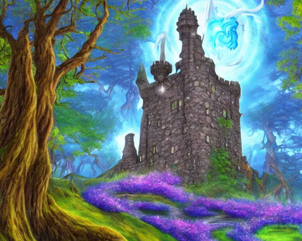 Mystical stone castle in vibrant forest with magical energy swirl