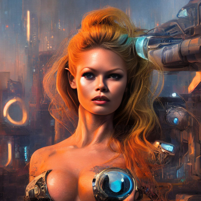 Blonde-Haired Female Cyborg with Mechanical Elements in Futuristic Cityscape