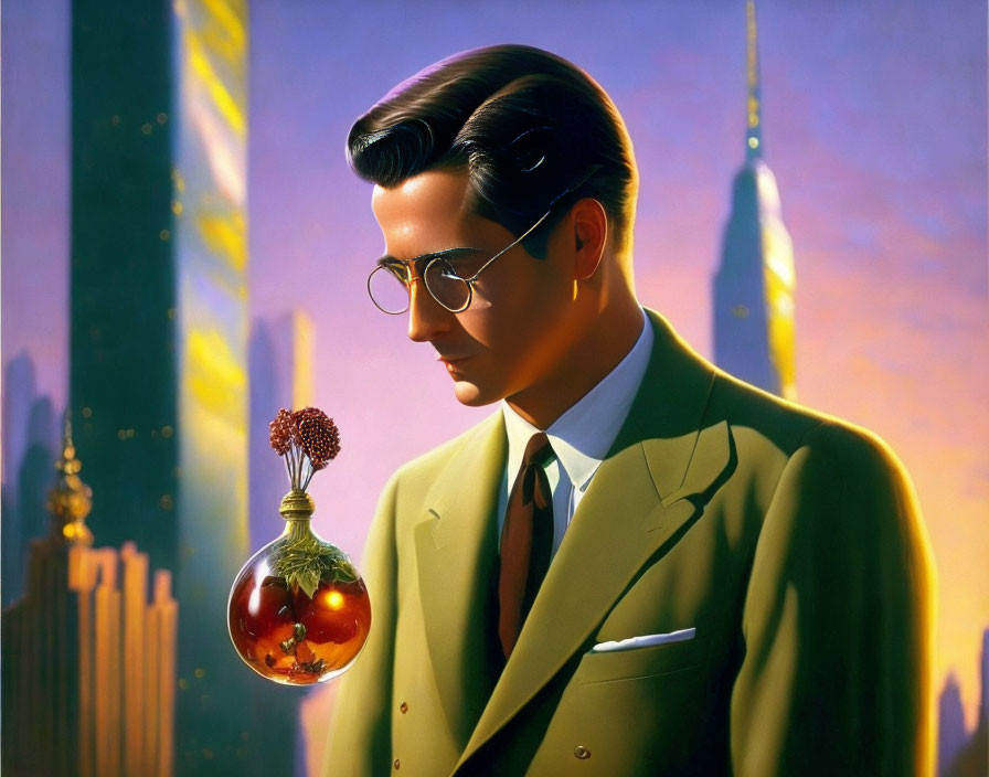 Man with sleek hair and round glasses gazes at goldfish in hanging bowl against cityscape.