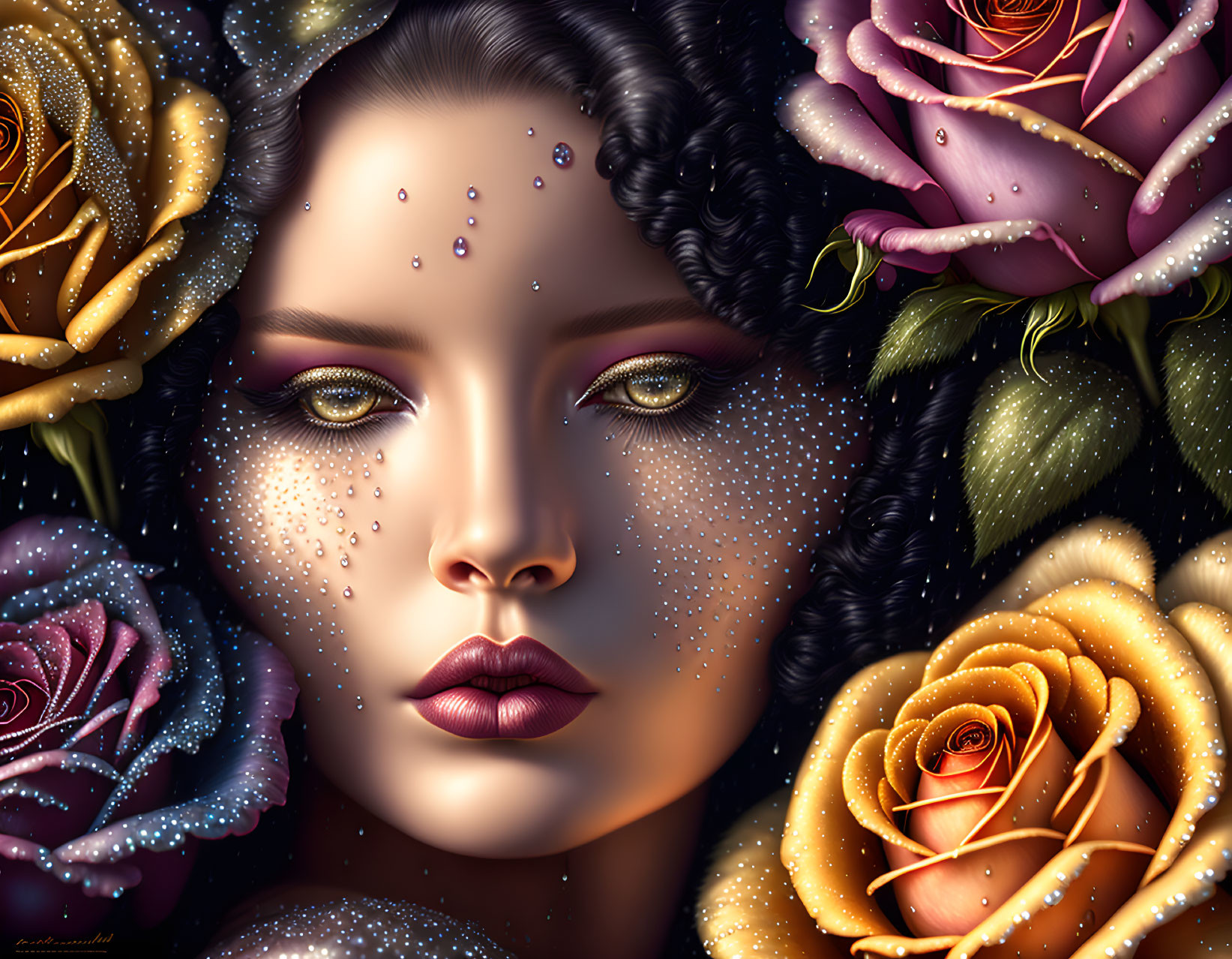 Portrait of Woman with Dewy Skin and Yellow Pink Roses in Digital Art