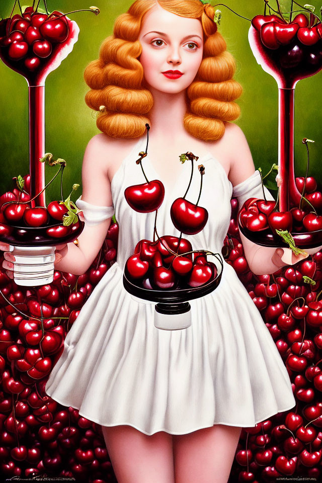 Blonde woman with stylized curls surrounded by cherries on green background