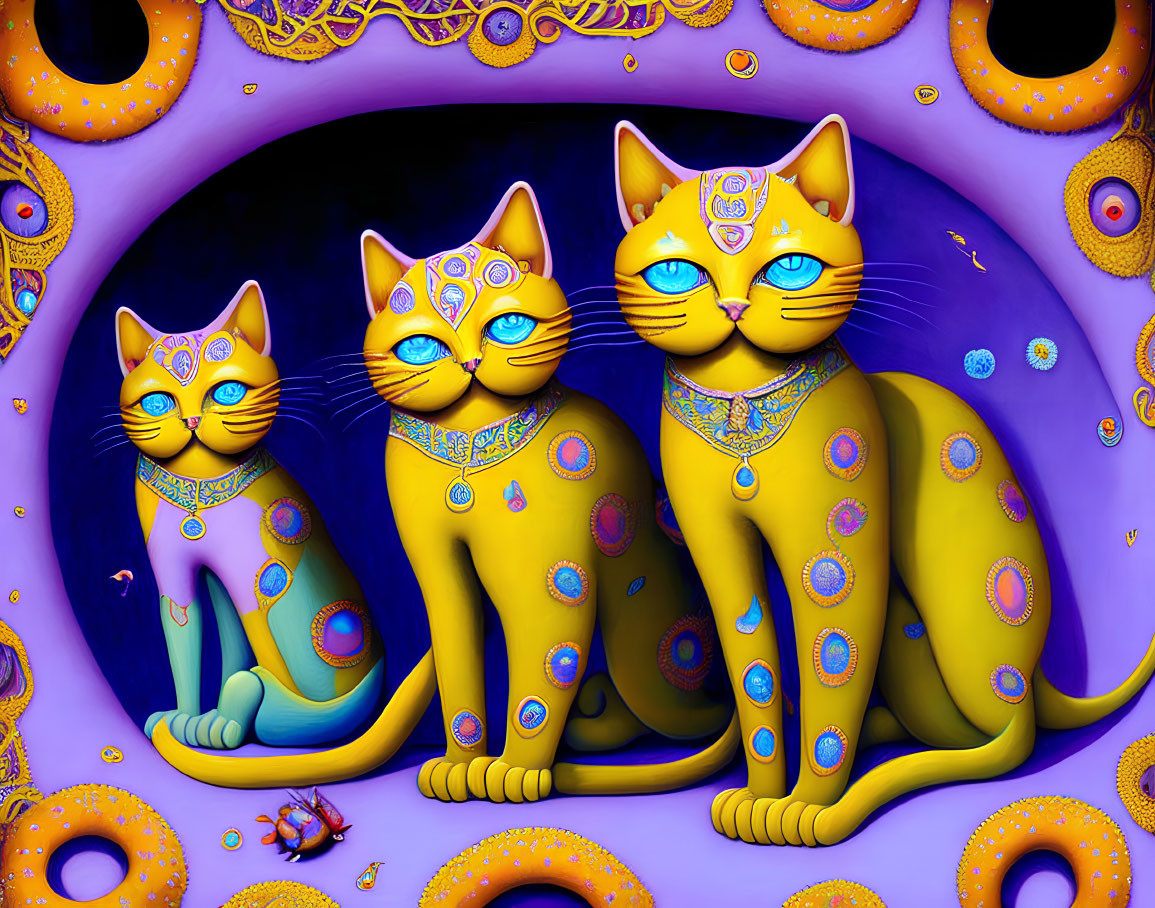 Colorful Stylized Cats on Purple Background with Ornate Patterns