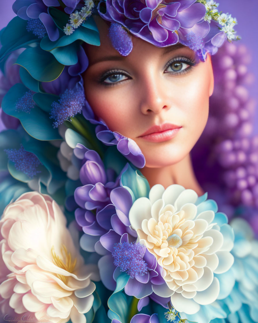 Woman's Portrait with Purple and White Floral Elements